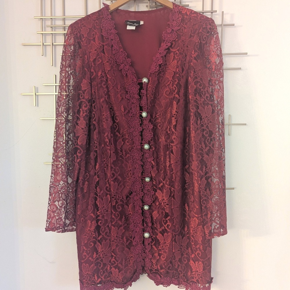 VTG Mister‎ Jay Dark Red Lace Button Front Jacket Long Line Womens 18 Whimsigoth